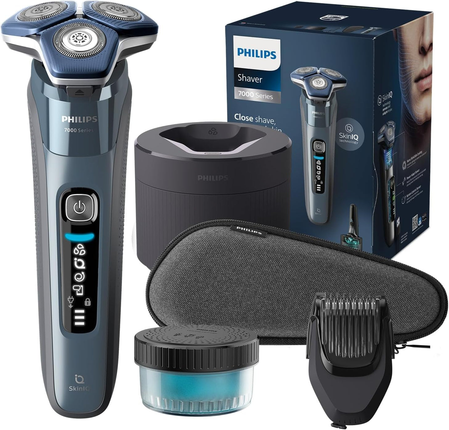 PHILIPS S7000 skuveklis – Elektriskais mitrā un sausā skūšanās skuveklis ledus zilā krāsā ar 1 x iebūvētu izvelkamu trimmeri, bārdas trimmera uzgali, tīrīšanas staciju, ceļojuma somu un uzlādes staciju (modelis S7882/54)