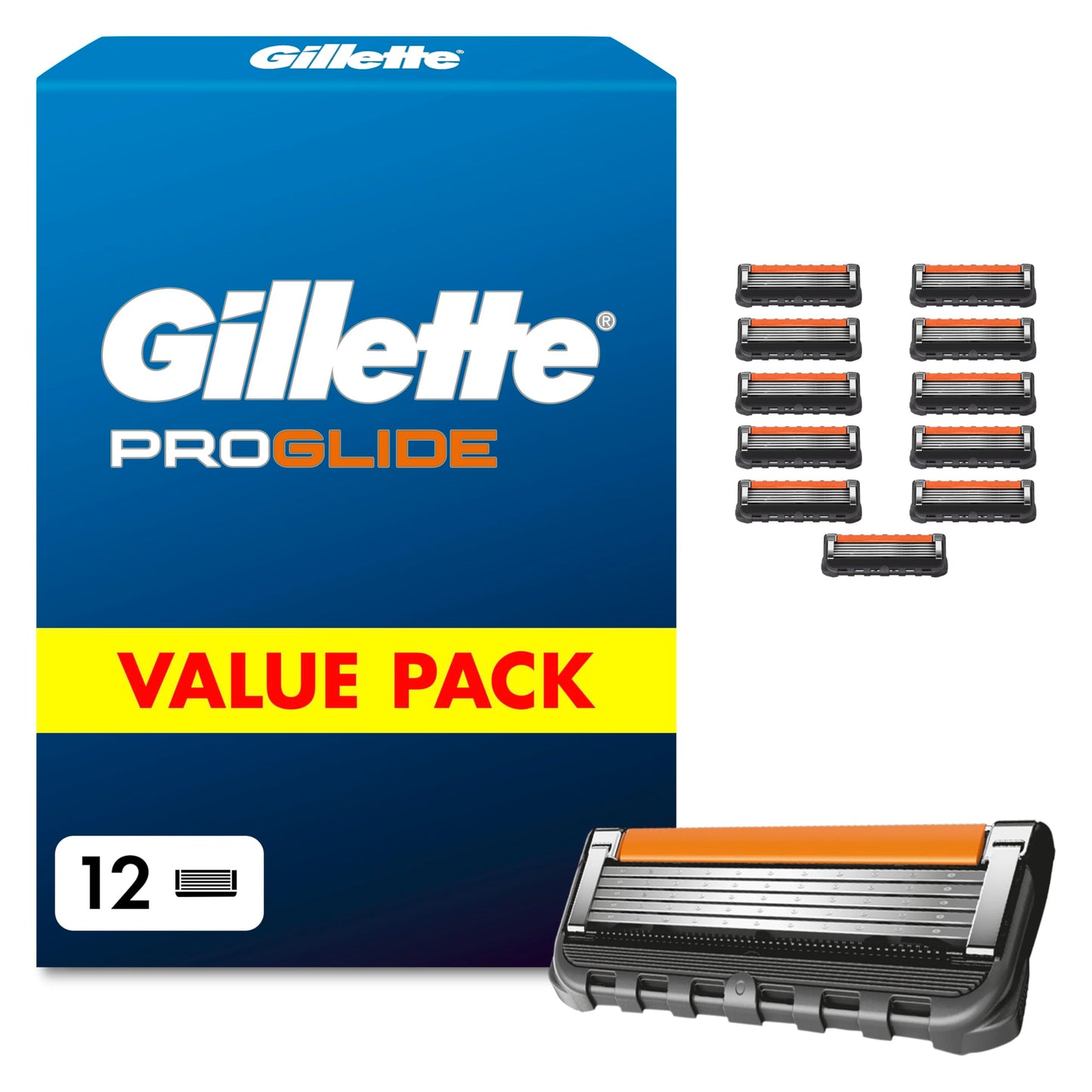 Gillette Proglide vīriešu skūšanās asmeņi, 12 oriģinālās rezerves kasetnes, melnas