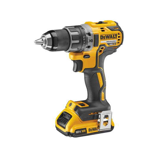 DeWalt DCD791D2 - 18V brushless drill/driver, 2-speed metal gearbox, 15 torque settings, includes 2 XR batteries and charger.