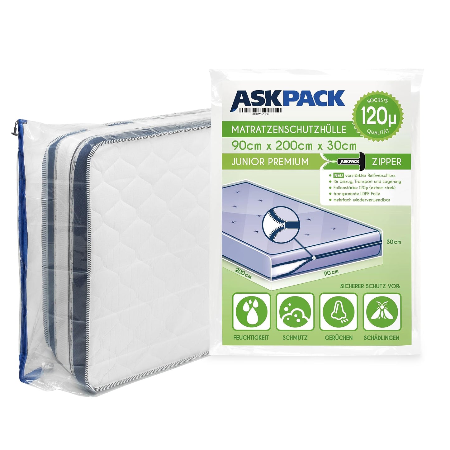 Ask Pack matrača aizsargvāks ar rāvējslēdzēju 120µm 90x200 cm Junior