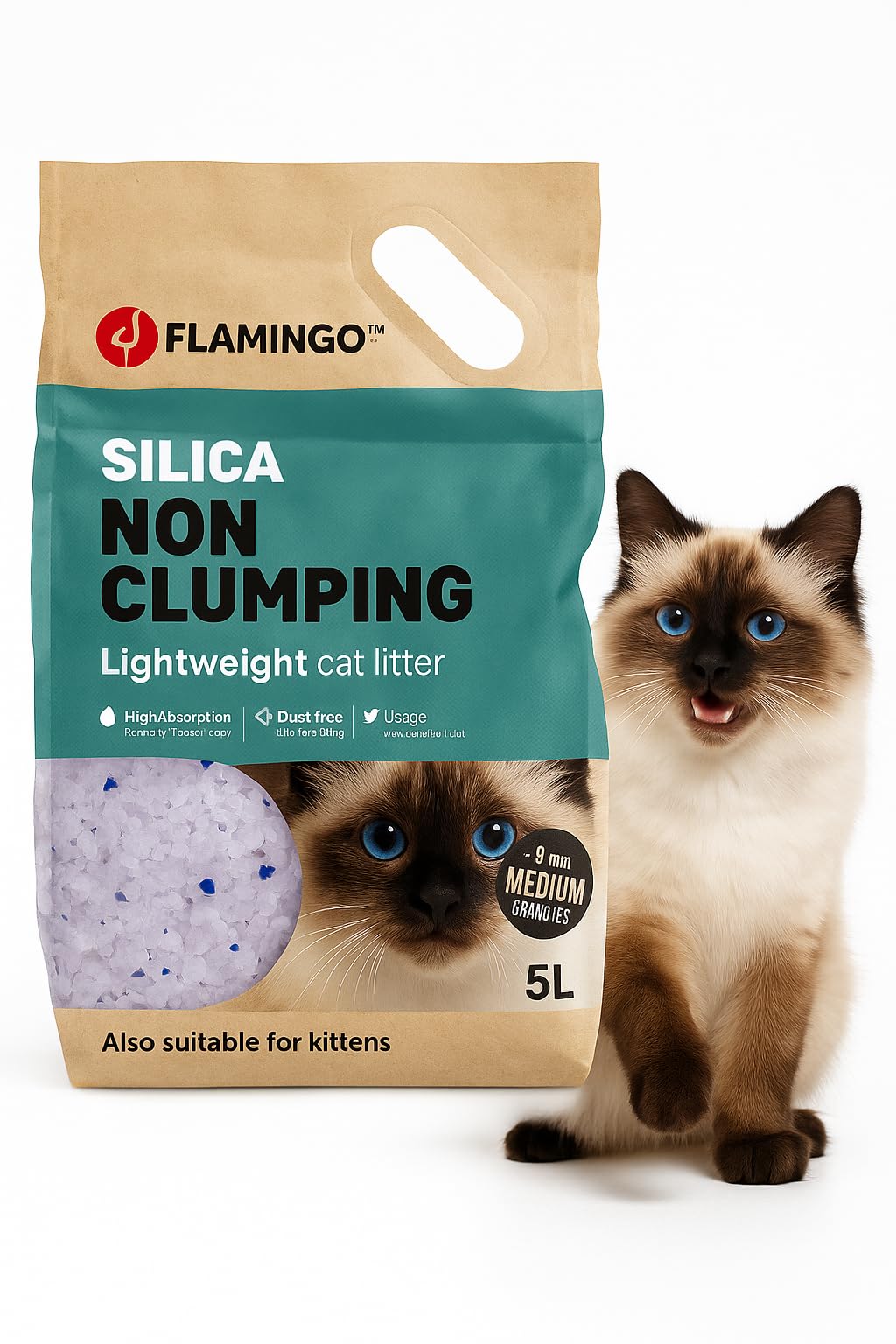 Flamingo silikāta kaķu smiltis medium, 5L, bez putekļiem, bez klājošanās