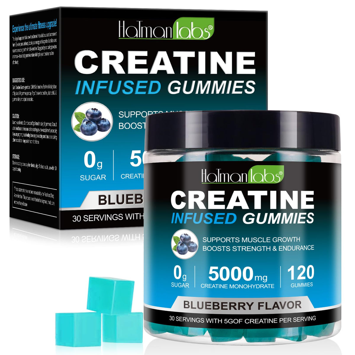 Kreatīna želejkonfektes 5000 Mg, 120 gab., ar kreatīnu bagātinātas konfektes, muskuļu augšanai, spēkam un izturībai, 5G krea-tīns porcijā, bez cukura, melleņu garša