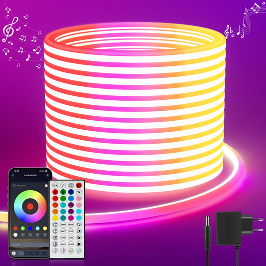 Neona LED lente 5M RGB, LED Streifen mit APP Steuerung Fernbedienung, IP65 ūdensizturīga elastīga LED lente, 24V LED lente ar mūzikas sinhronizāciju, iekštelpām un ārtelpām