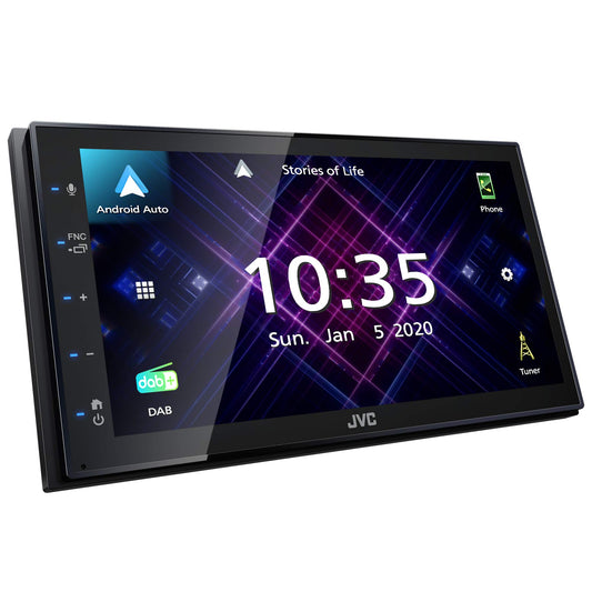 JVC KW-M565DBT - bez diska, Apple CarPlay, Android Auto, 17,3 cm kapacitatīvais skārienekrāns, DAB+/FM, USB spoguļošana Android, Bluetooth brīvroku sistēma, skaņas procesors, 4 x 50 W, melns