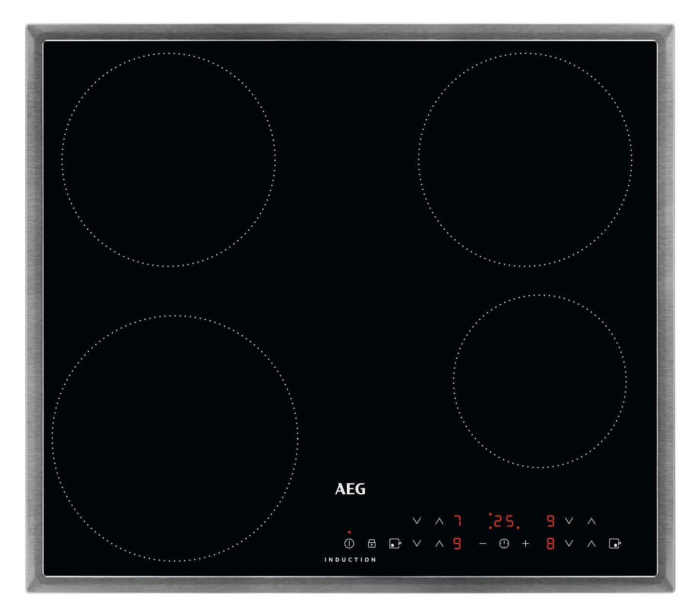 AEG indukcijas plīts virsma autonomā 60cm / 4 zonas ar 2x jaudas funkciju ātrai vārīšanai / 9 līmeņi / nerūsējošā tērauda rāmis / taimeris / skārienvadība / bērnu aizsardzība / atlikušās siltuma rādītājs / IKB6430AMB