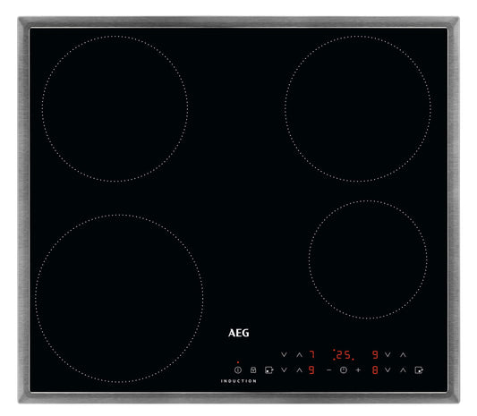 AEG indukcijas plīts virsma autonomā 60cm / 4 zonas ar 2x jaudas funkciju ātrai vārīšanai / 9 līmeņi / nerūsējošā tērauda rāmis / taimeris / skārienvadība / bērnu aizsardzība / atlikušās siltuma rādītājs / IKB6430AMB