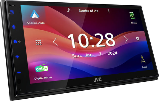10. JVC KW-M595DBT - 17,3 cm WSVGA (1024 x 600px) moniceiveris ar DAB+/FM, CarPlay, Android Auto, Apple un Android USB atspoguļošanu, Bluetooth, kapacitatīvo skārienpaneli, DSP, 4 x 50 vati, 3 x Pre-Out 2,5V
