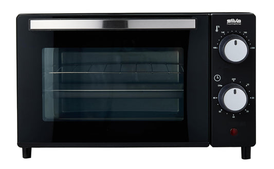Silva Schneider MB 1000, mini cepeškrāsns, 10 L, melna, 650 vati, temperatūras regulēšana 100-230 °C, taimeris ar beigu signālu, kvarca sildīšanas elementi, divu stiklu durvis, iekļauts cepšanas panna, grila restes un rokturis.