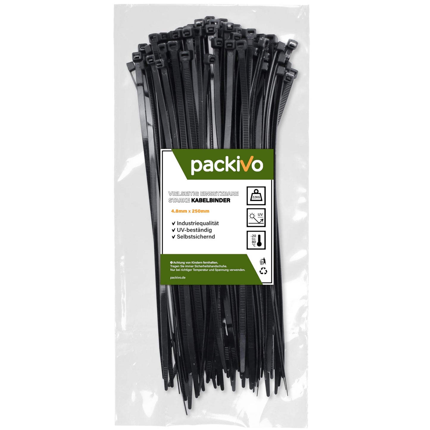 Kabeļu savilcēji PACKIVO melni 250mm x 4.8mm, 100 gab., UV izturīgi, 22kg stiepes izturība, lietošanai iekštelpās un ārā, mājai, birojam