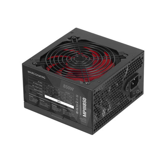 MARSGAMING MPIII850 - 850W ATX power supply, 85% efficiency, digital APFC, 120mm FDB fan, flat cables, 5-year warranty.