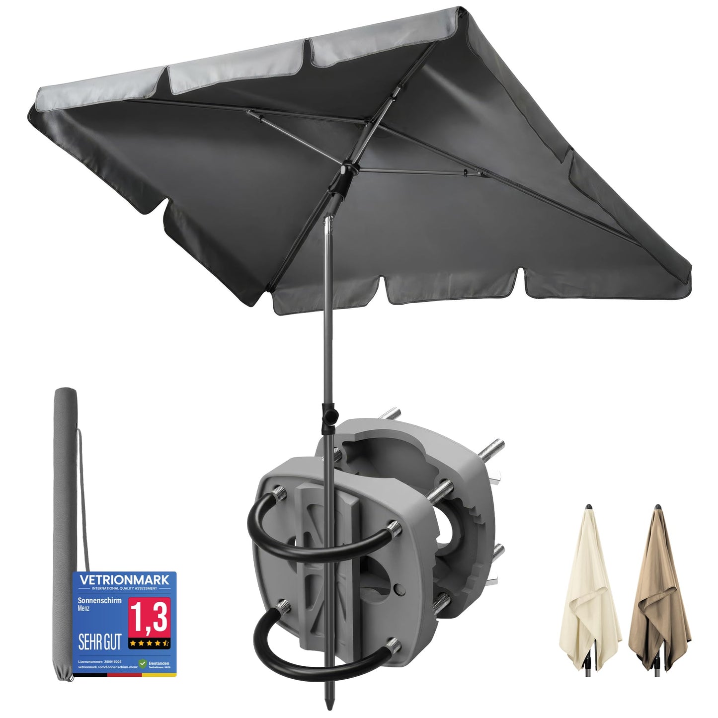 Saulessargs balkonam 4smile SunnyShade 3-in-1 komplekts, antracīta krāsa, UPF 50+, taisnstūrveida 200 x 125 cm, ar stiprinājumu balkona margām un pārvalku