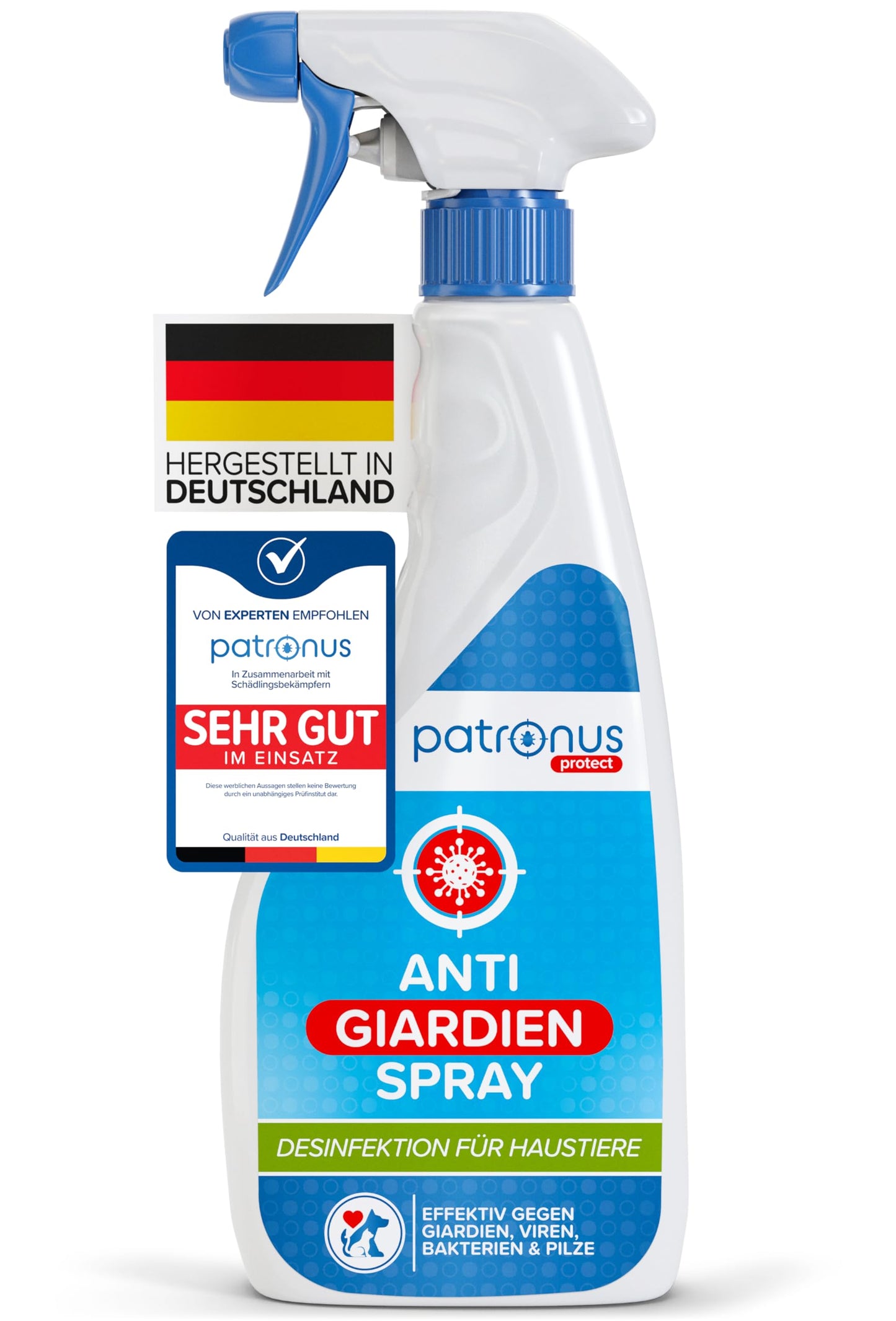 Dezinfekcijas līdzeklis mājdzīvniekiem Patronus Giardien-Spray 500ml - higiēnas aerosols suņiem un kaķiem pret vīrusiem, baktērijām un sēnītēm - īpaši iedarbīgs, saudzīgs ādai