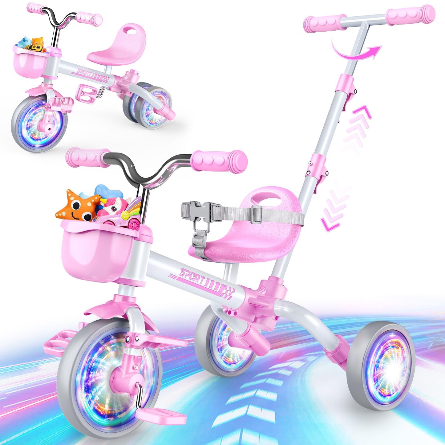 HappyGoLucky 5-in-1 tricikls ar stumjamo rokturi, balansa velosipēds bērniem no 1 līdz 5 gadiem, spīdoši riteņi, regulējami pedāļi un sēdeklis, dāvana meitenēm, āra rotaļlieta