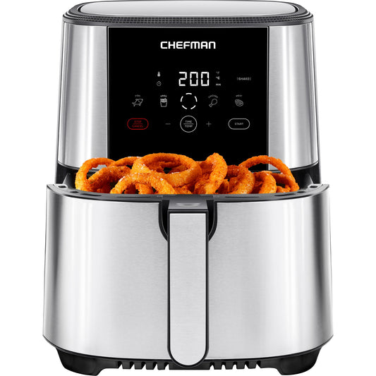 Chefman TurboFry Touch - 4.75L air fryer with one-touch digital controls, stainless steel, dishwasher safe, auto shut-off.
