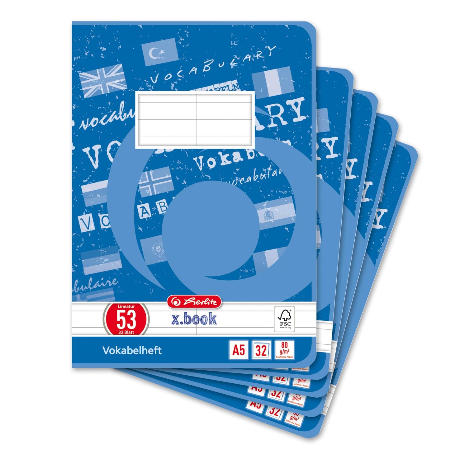 Vācu valodas vārdnīcas burtnīca Herlitz x.book A5, 53. līniju, ar viduslīniju, 2 kolonnas, 32 lapas, 5 gab.