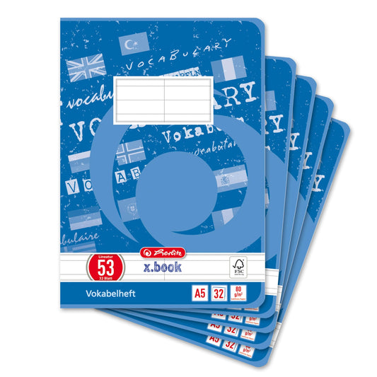 Vācu valodas vārdnīcas burtnīca Herlitz x.book A5, 53. līniju, ar viduslīniju, 2 kolonnas, 32 lapas, 5 gab.