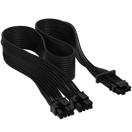 Corsair Premium 600W PCIe 5.0 Power Cable - 12+4-pin connector, dual 8-pin PCIe, black paracord sleeve.