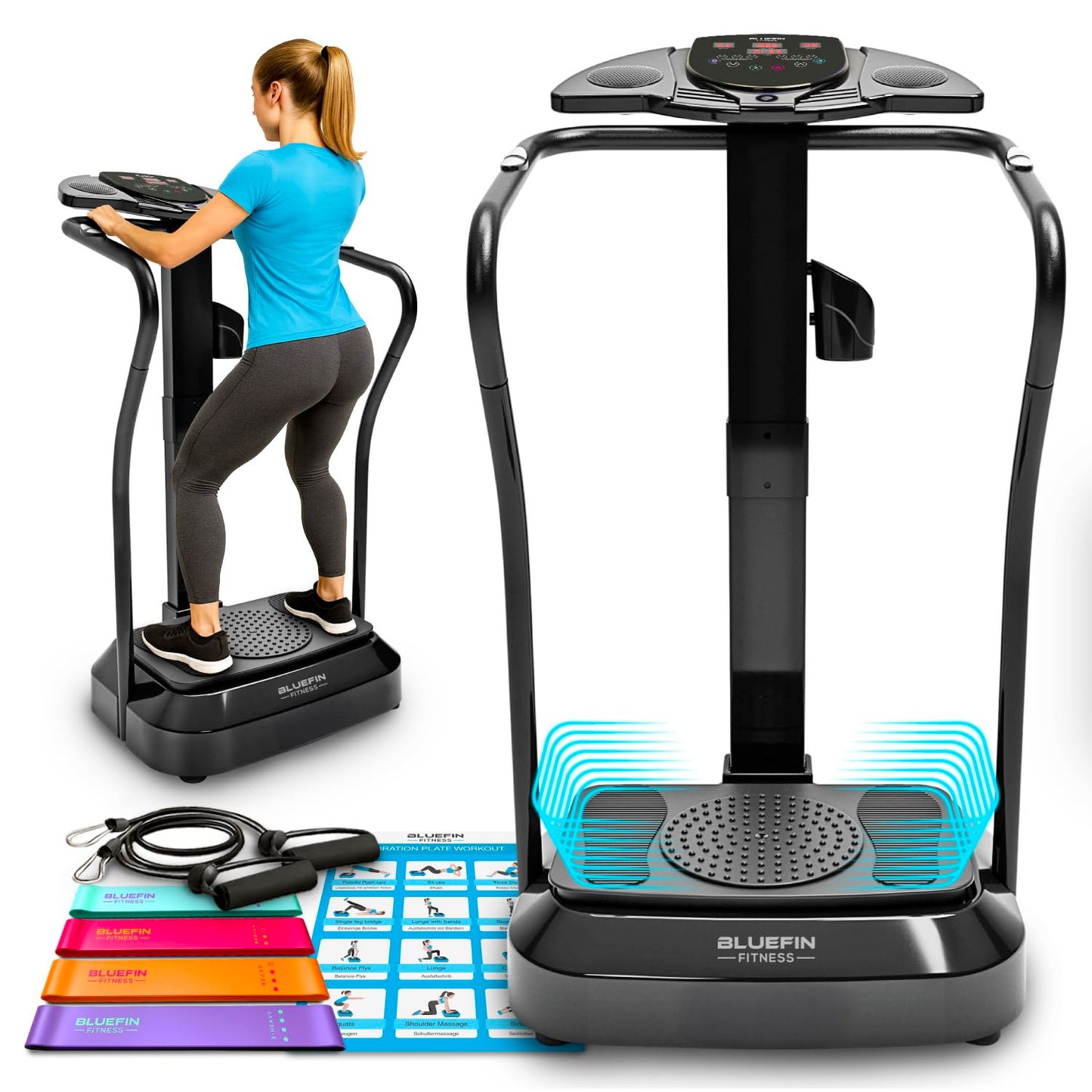 Bluefin Fitness vibrācijas platforma Pro modelis | Uzlabots dizains ar klusiem motoriem un iebūvētiem skaļruņiem, melna