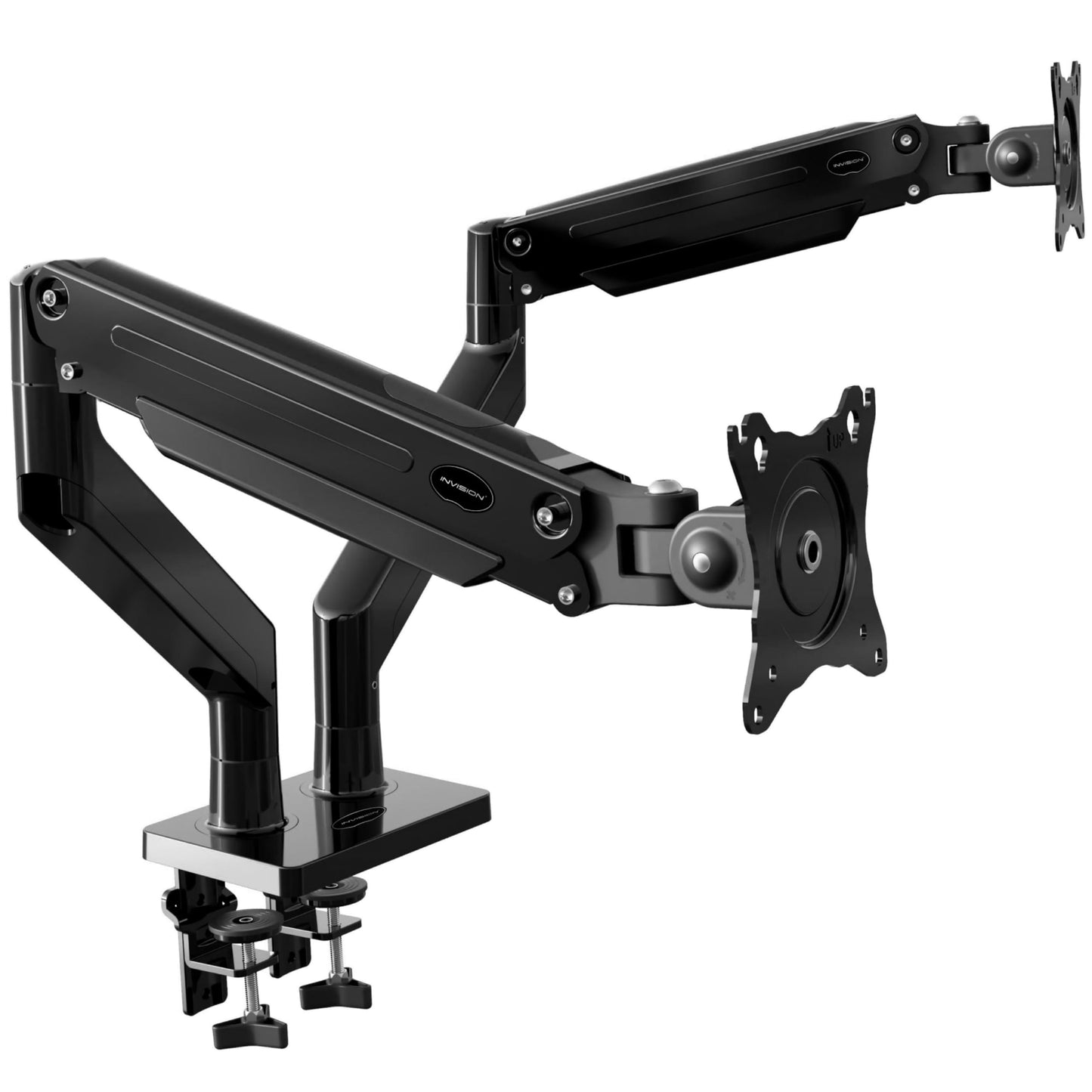 Divu monitoru turētājs Invision MX900 ergonomisks, 24-35 collu ekrāniem, augstumā regulējams ar gāzes atsperi, nolokāms, grozāms un izvelkams, VESA 75 mm un 100 mm, 2 kg līdz 15 kg