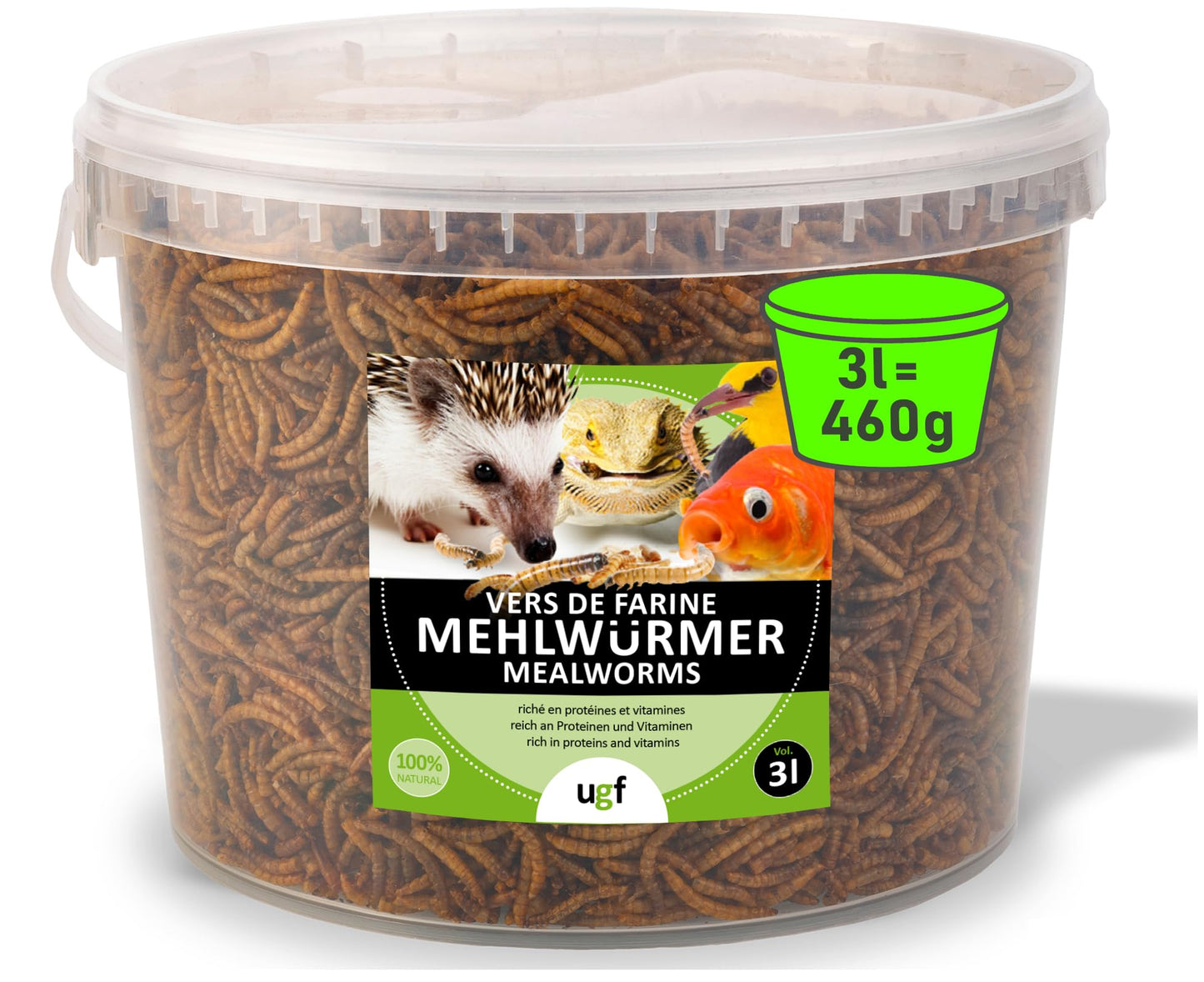 Žāvēti miltu tārpi UGF Premium 460 g 3 L spainī, barība savvaļas putniem visu gadu, ežu barība, vāveru barība, kāmju barība