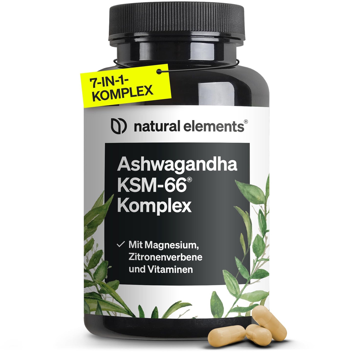 Ašvandas komplekss natural elements – 600 mg dienas devā – 120 kapsulas – ar KSM-66, citronverbēnu, magniju, folskābi un C, B6 un B12 vitamīnu – augsta koncentrācija, vegānisks – laboratoriski pārbaudīts
