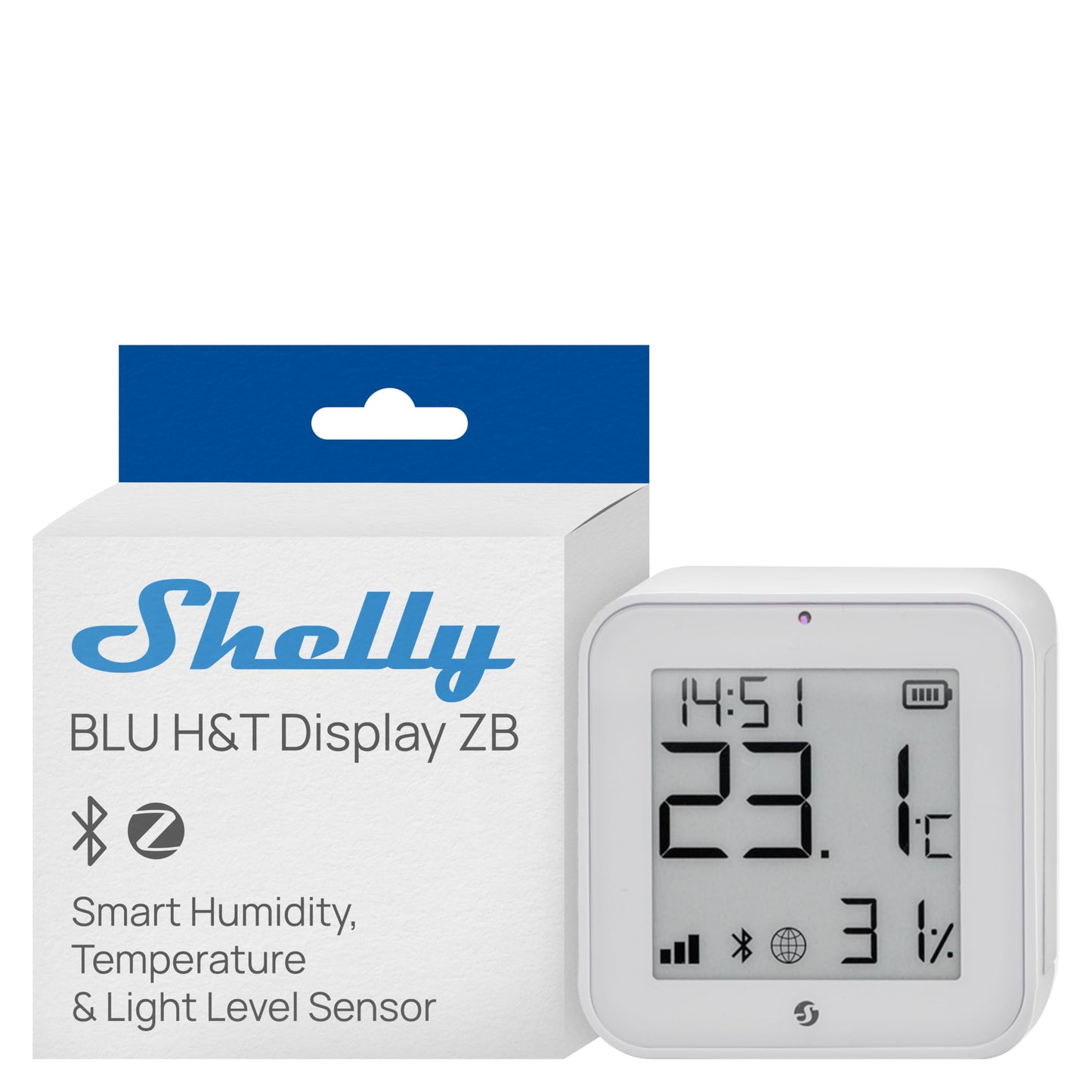 Shelly BLU H&T Display ZB White Bluetooth un Zigbee temperatūras un mitruma sensors ar E-Paper displeju, viedajām mājām
