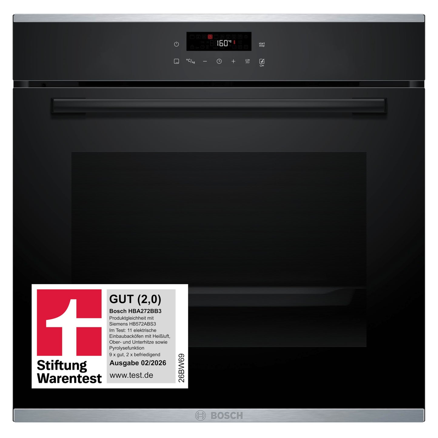 Bosch HBA272BB3 iebūvējamā cepeškrāsns, Serie 4, 60 x 60 cm, pirolītiskā pašattīrīšanās, Hydrolyse, LED Touch Control, 3D karstā gaisa cirkulācija, 10 automātiskās programmas, ātrā uzkarsēšana