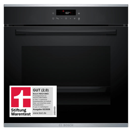 Bosch HBA272BB3 iebūvējamā cepeškrāsns, Serie 4, 60 x 60 cm, pirolītiskā pašattīrīšanās, Hydrolyse, LED Touch Control, 3D karstā gaisa cirkulācija, 10 automātiskās programmas, ātrā uzkarsēšana