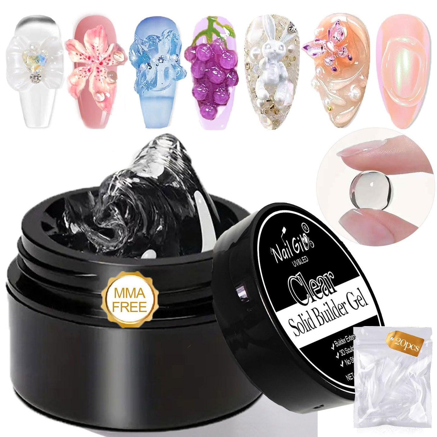 NAILGIL cietais builder gel nagu pieaudzēšanai, solid nail glue gel 3D nagu skulptūrai, dzidrs 15g
