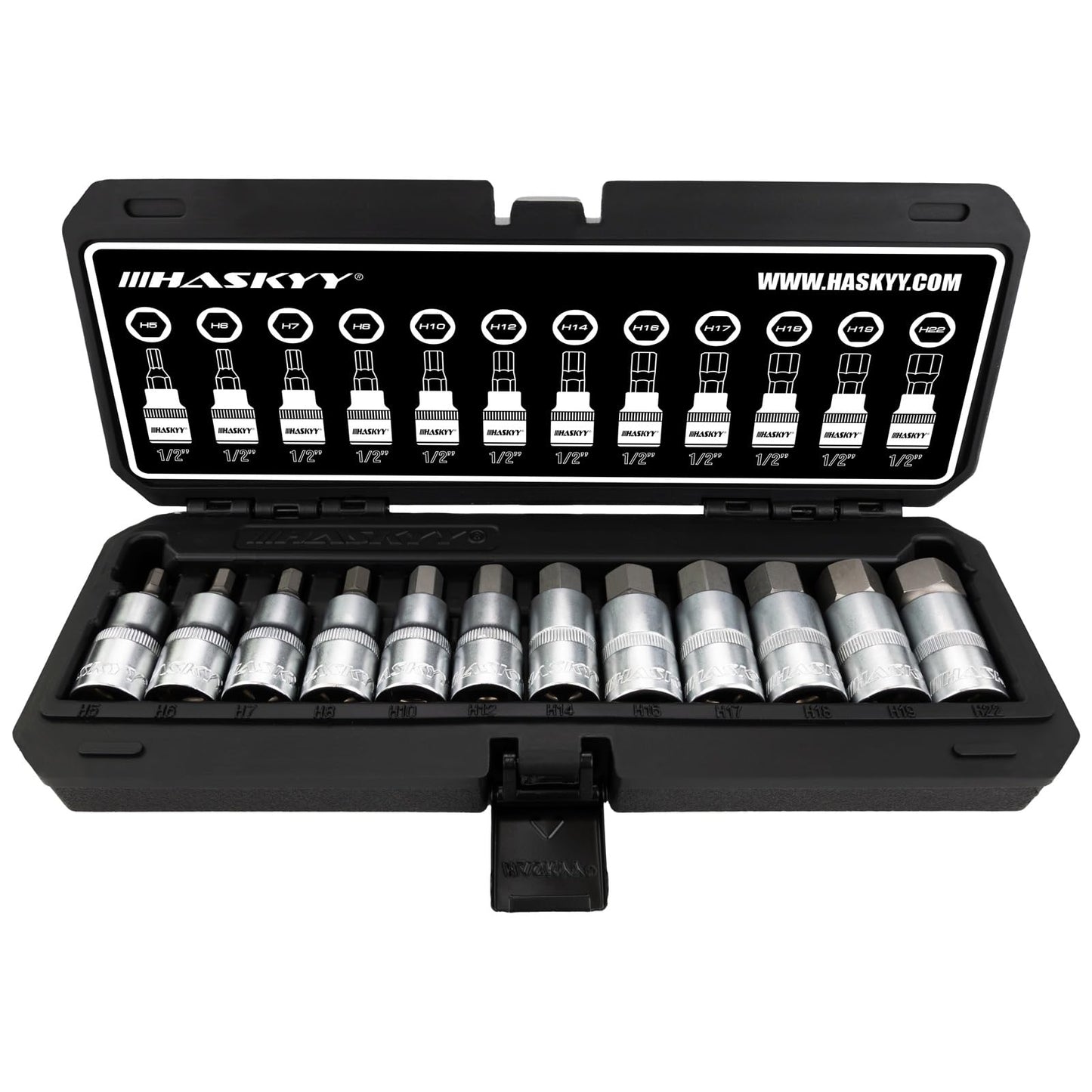 Sešstūra uzgaļu galvas HASKYY, 12 gab., 5-22 mm, 1/2 colla, Cr-V, plastmasas kastē