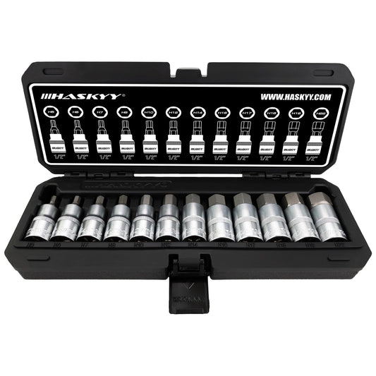 Sešstūra uzgaļu galvas HASKYY, 12 gab., 5-22 mm, 1/2 colla, Cr-V, plastmasas kastē