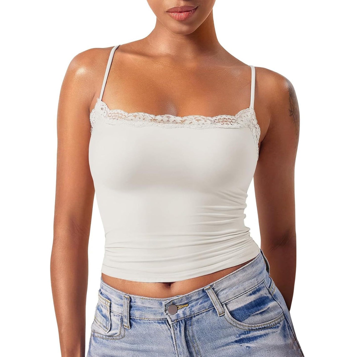 Sieviešu krekliņš bez piedurknēm ar mežģīnēm, dubultslāņa, Sexy Tank Top, siksniņu, Square Neck, bez zīmola, bēšs, S