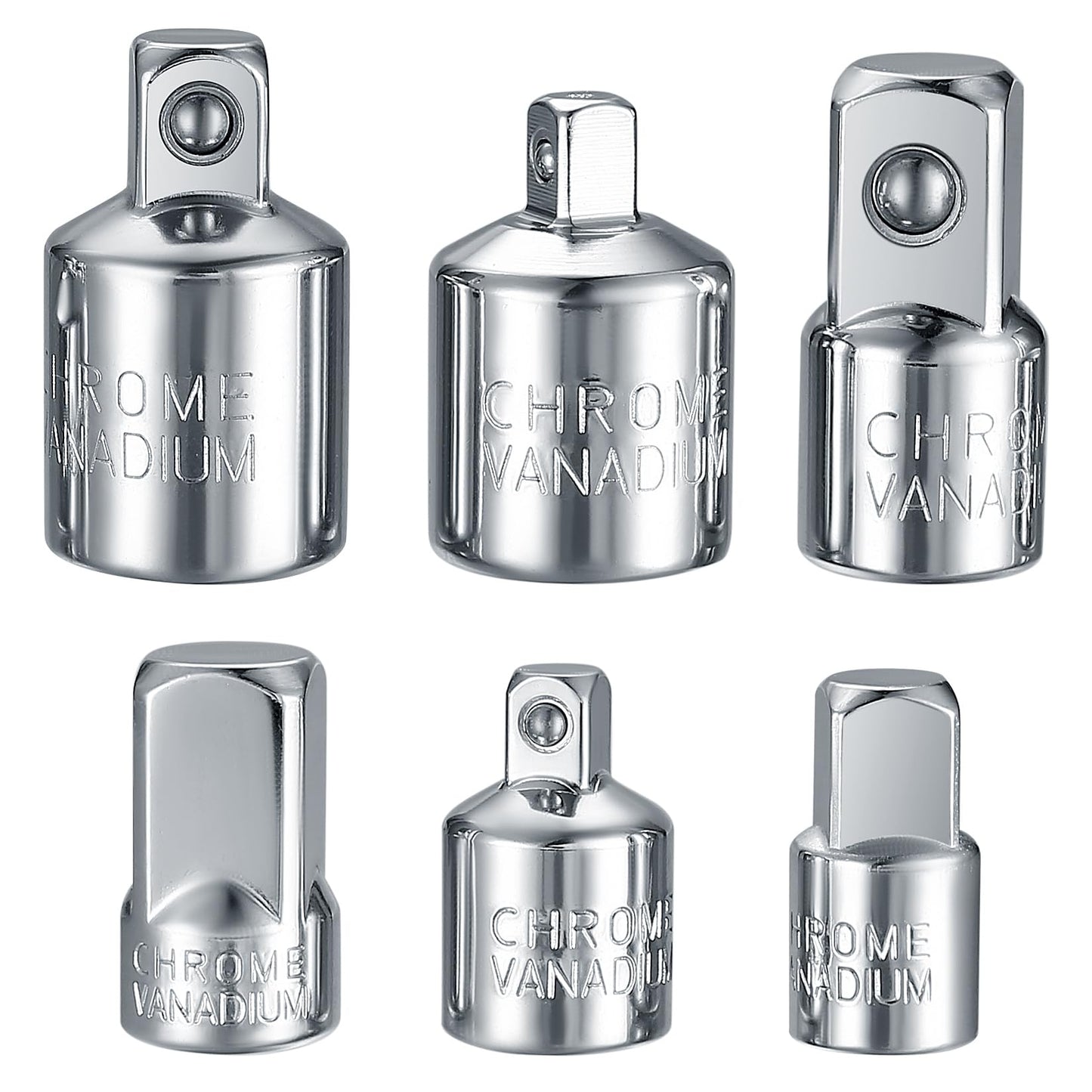 Adapteru komplekts 6 daļ. ligzdas adapteri sprūdratām un uzgaļiem, 1/4" uz 3/8", 3/8" uz 1/4", 3/8" uz 1/2", 1/2" uz 3/8", 1/2" uz 1/4", 1/4" uz 1/2"