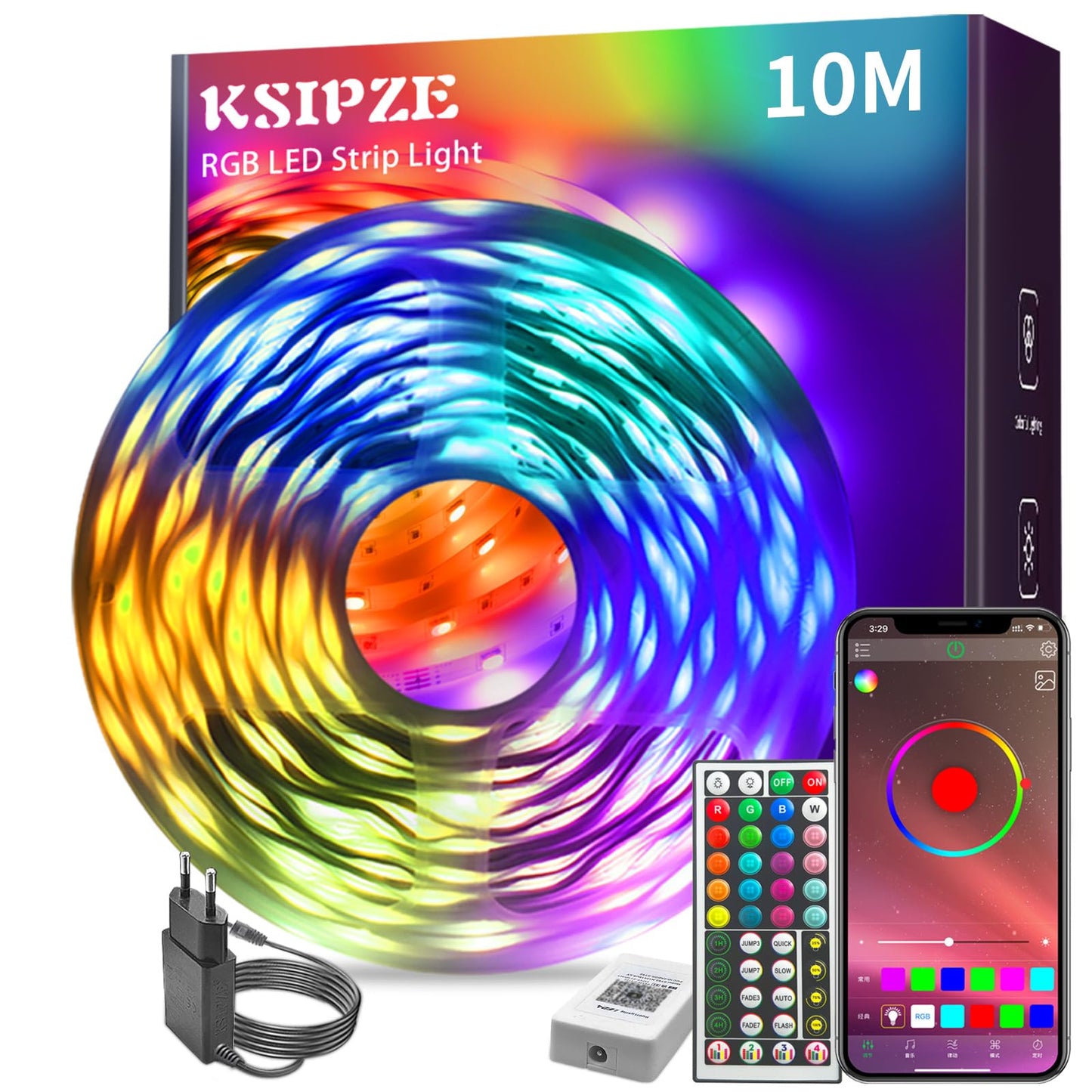LED lente KSIPZE 10m, RGB LED lente ar tālvadību, Bluetooth lietotne, dimmējams, krāsu maiņa, mūzikas sinhronizācija, pašlīmējoša, istabai un ballītēm
