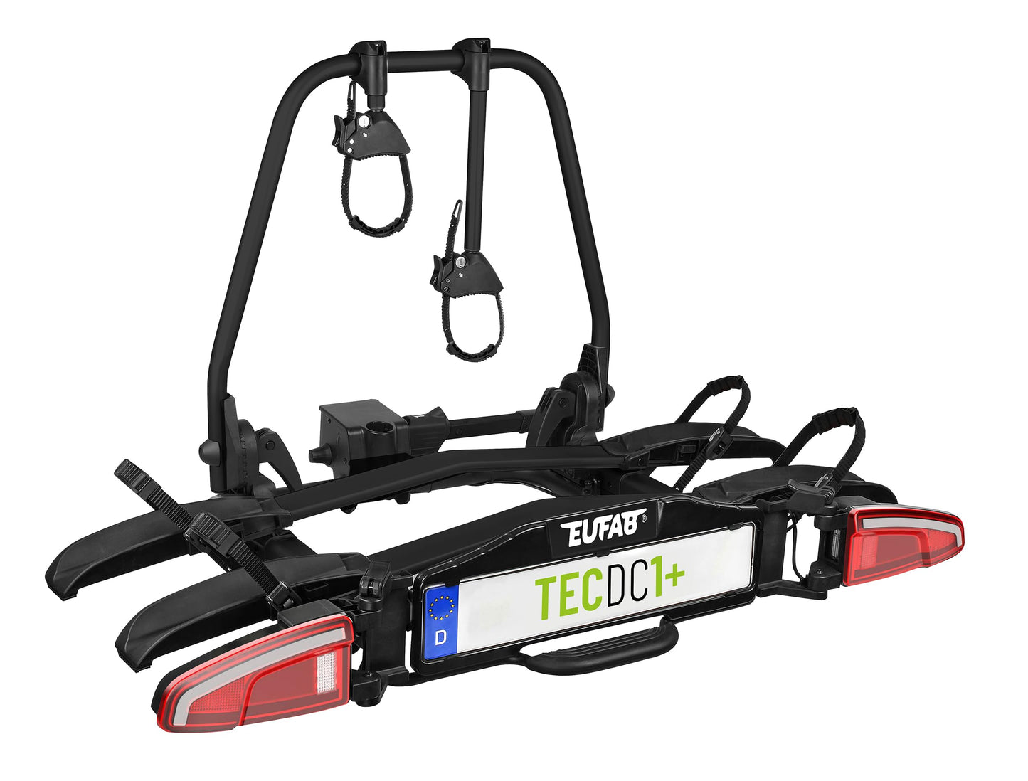 Velosipēdu turētājs EUFAB 11650 TECDC1+ aizmugures turētājs 2 e-velosipēdiem, 60 kg kravnesība, nolokāms ar kājas pedāli, LED aizmugurējie lukturi, salikts, melns