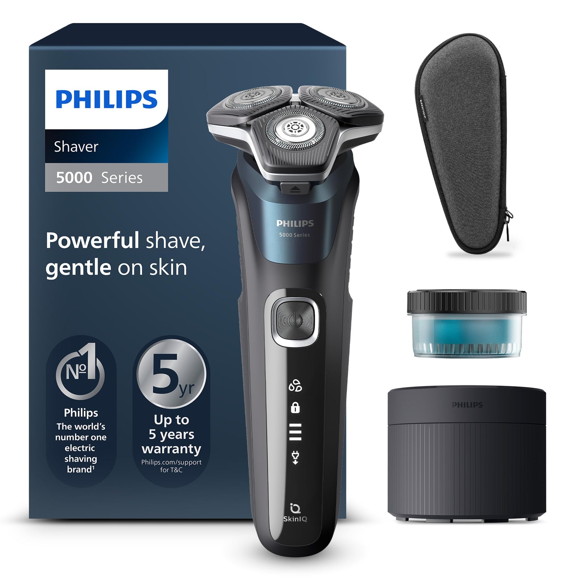 Philips Shaver Series 5000 – Elektriskais mitrās un sausās skūšanās skuveklis ar SkinIQ tehnoloģiju, izvelkams trimmeris, transporta soma, tīrīšanas stacija, elektriskā zila (modelis S5889/50)