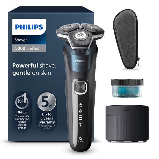 Philips Shaver Series 5000 – Elektriskais mitrās un sausās skūšanās skuveklis ar SkinIQ tehnoloģiju, izvelkams trimmeris, transporta soma, tīrīšanas stacija, elektriskā zila (modelis S5889/50)