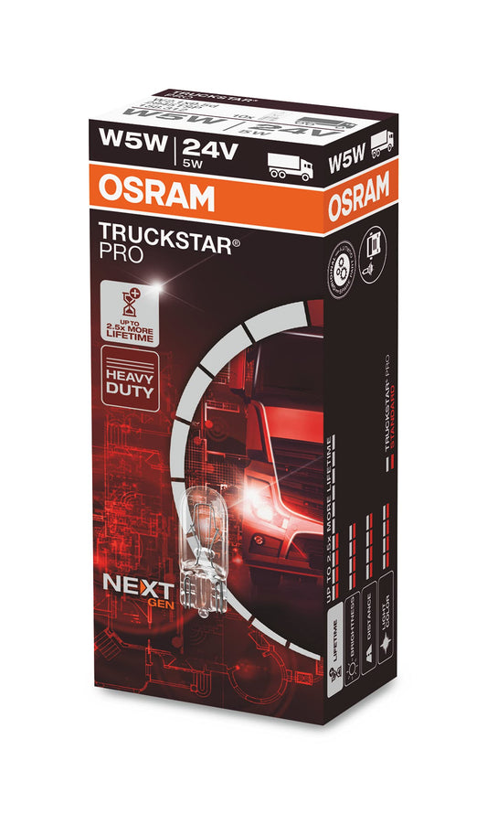 OSRAM TRUCKSTAR® PRO W5W, +120% vairāk gaismas, halogēna priekšējā lampa, 2845TSP, 24V kravas automašīnas lampa, salokāma kaste (10 lampas), caurspīdīga