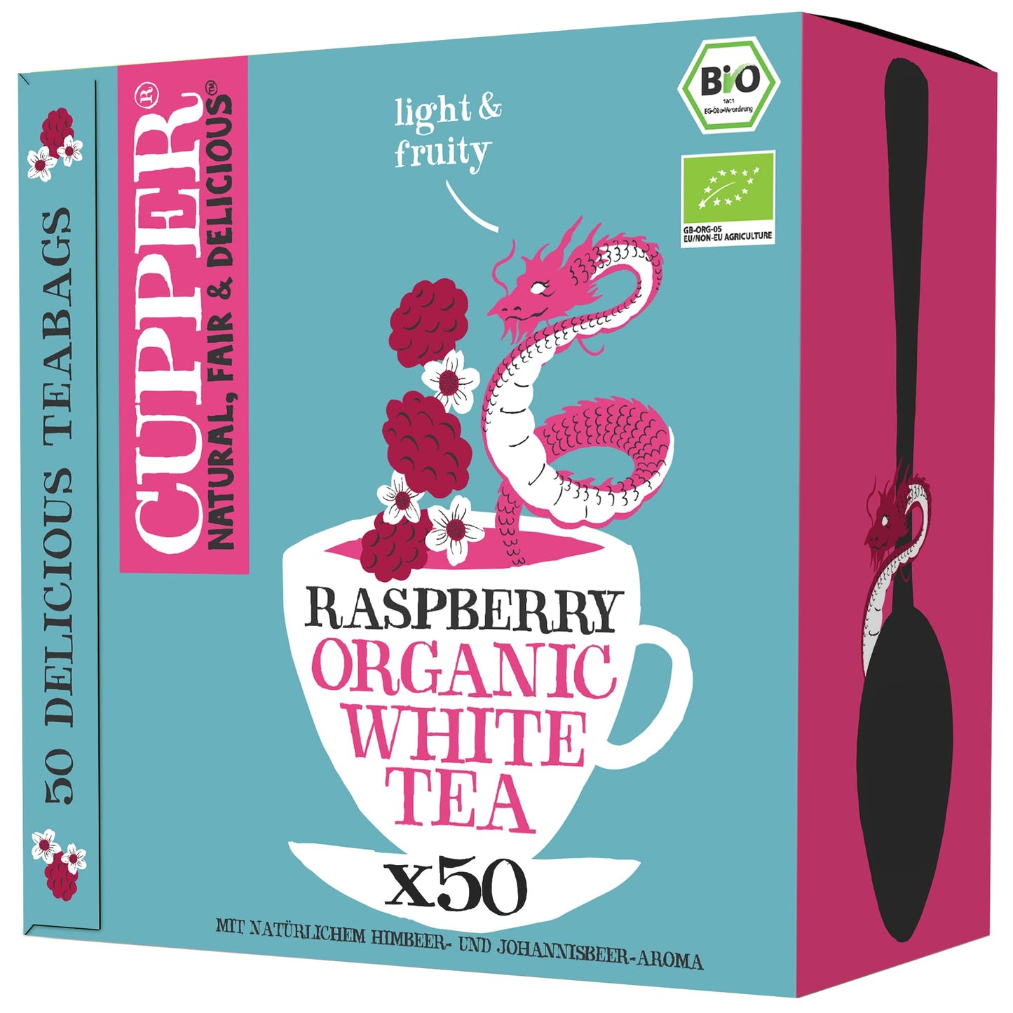 Cupper bio tēja White Tea and Raspberry, baltais tēja, 50 nebalināti tējas maisiņi, Big Pack, ideāli birojam, godīga tirdzniecība, bezplastmasas tējas maisiņi