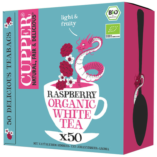 Cupper bio tēja White Tea and Raspberry, baltais tēja, 50 nebalināti tējas maisiņi, Big Pack, ideāli birojam, godīga tirdzniecība, bezplastmasas tējas maisiņi