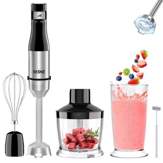 YASHE 5 in 1 Pürierstab, 1000W elektriskais rokas mikseris, bezpakāpju ātrumi rokas mikserim, nerūsējošā tērauda, rokas miksera komplekts ar 500ml smalcinātāju, 600ml mērtrauku, putotāju un piena putotāju.