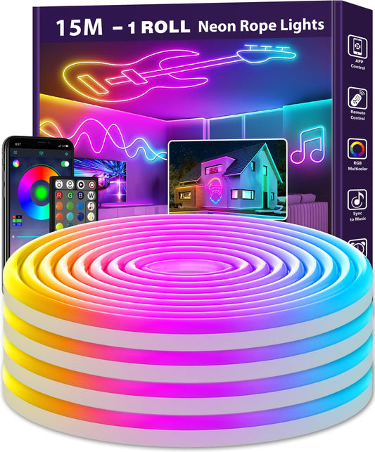 Neona LED lente AILBTON 15m, ūdensizturīga elastīga LED lente ārtelpām, vadība ar lietotni un pulti, Music Sync