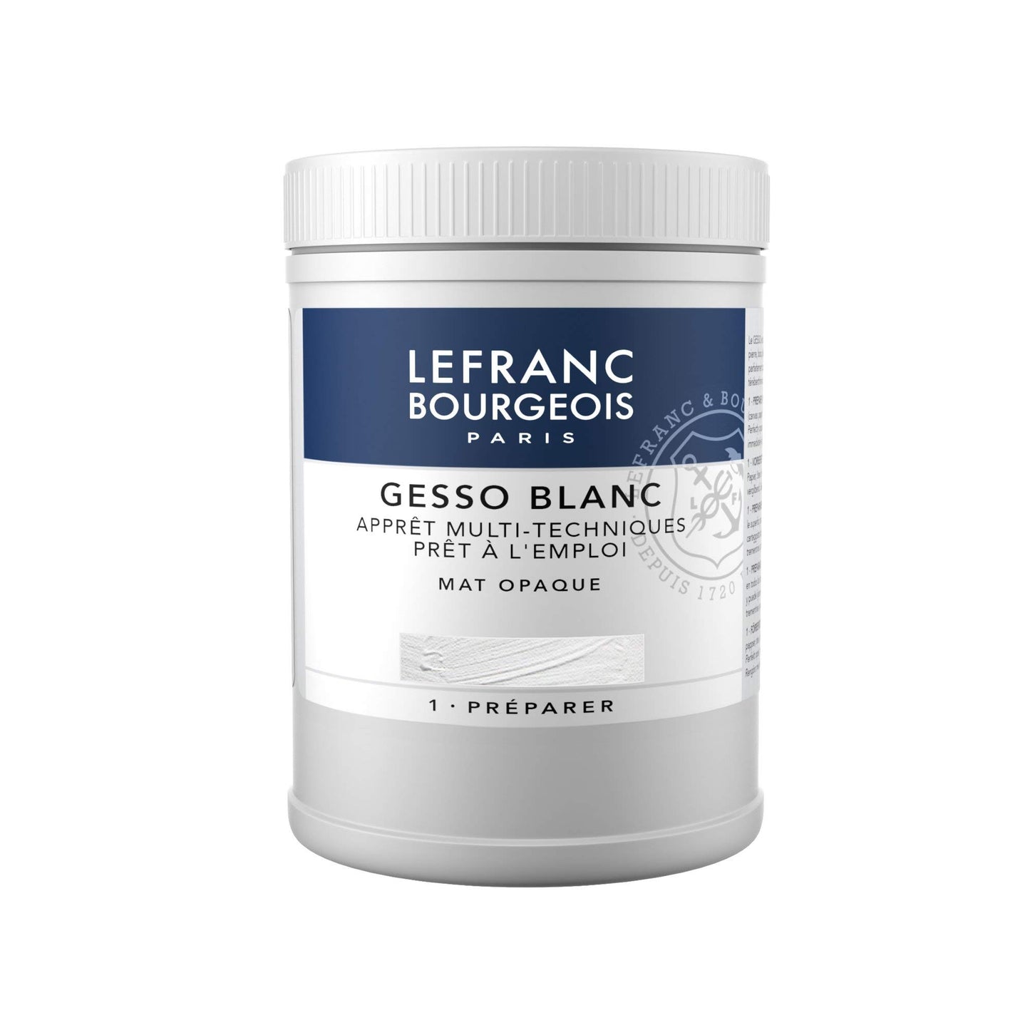 Gesso Lefranc & Bourgeois 300658, balts, universāls gruntskrāsas akrila krāsām, gatavs lietošanai, matēts, necaurspīdīgs, sedzošs, audeklam, papīram, akmenim, kokam, ģipsim, 500 ml trauks