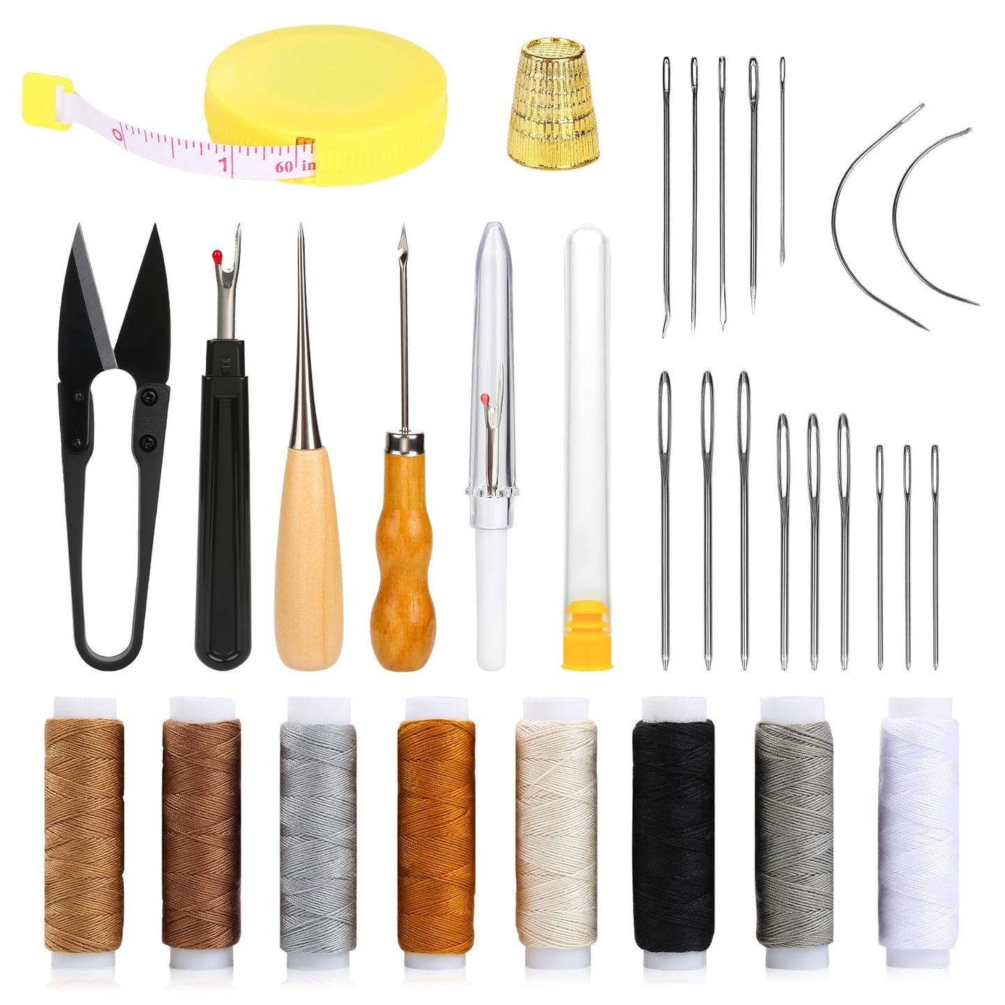 31 Stück Leder Werkzeug Set Nähset Grundausstattung für Anfänger Lederhandwerk Nähahle Nahttrenner Fingerhut Garn Ideal für Reparaturen Handnähen DIY-Lederhandwerk
