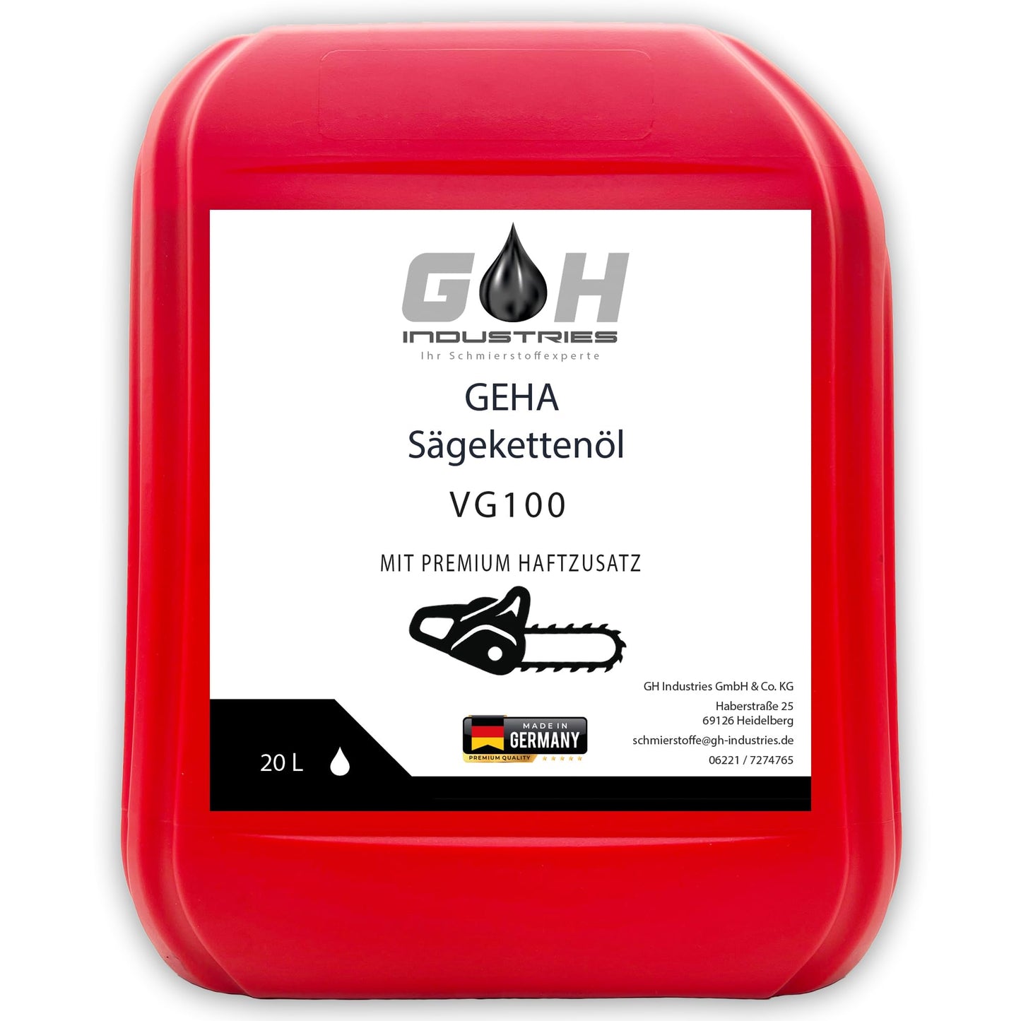 Motorzāģu ķēžu eļļa GEHA VG 100 | 20 L | augstvērtīga ķēžu eļļa motorzāģiem | spēcīga adhēzija un nodiluma aizsardzība | saderīga ar Stihl, Husqvarna, Makita un Dolmar
