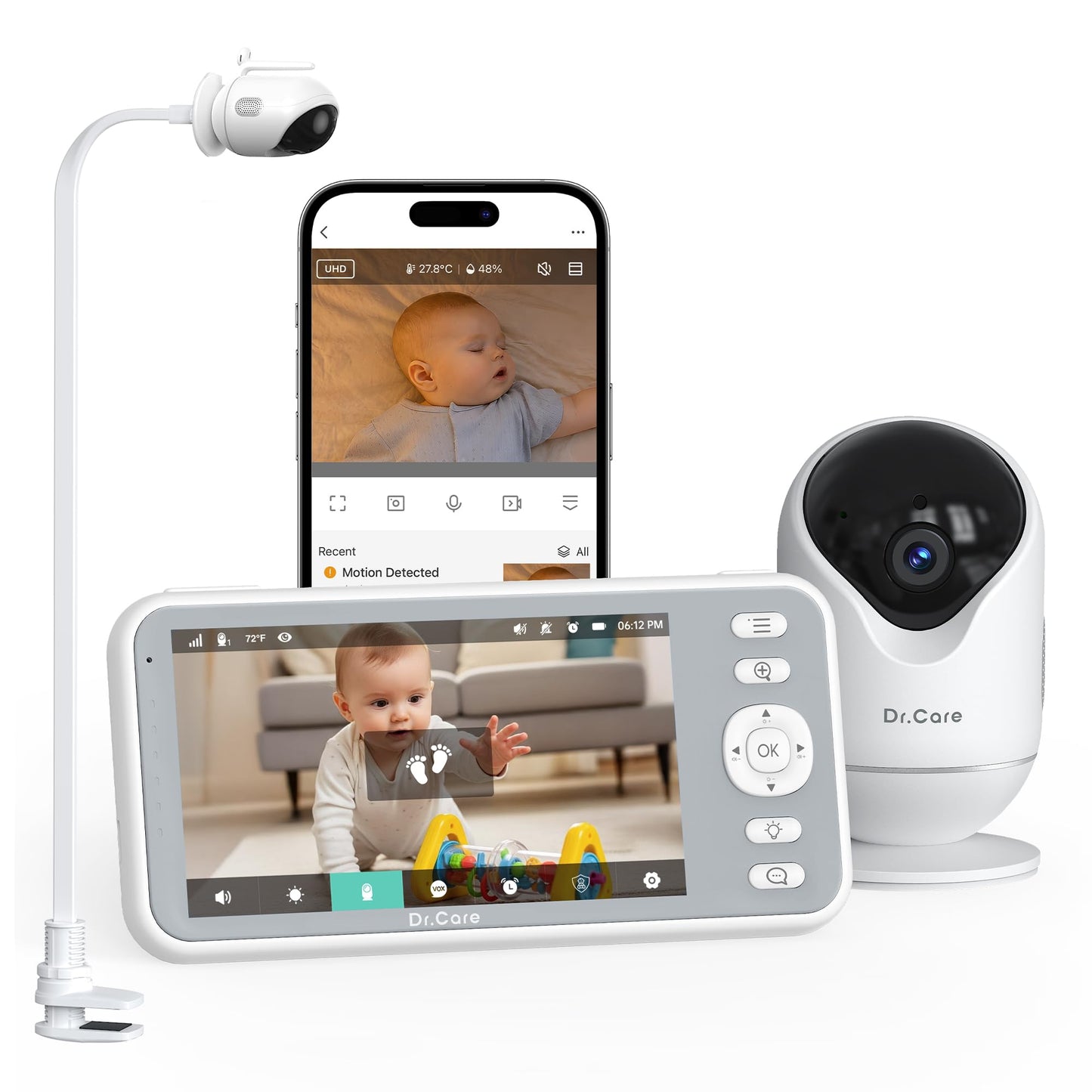 Dr.Care 2K Wi-Fi baby monitors ar kameru, 5 collu, lietotne un stiprinājums, 360°