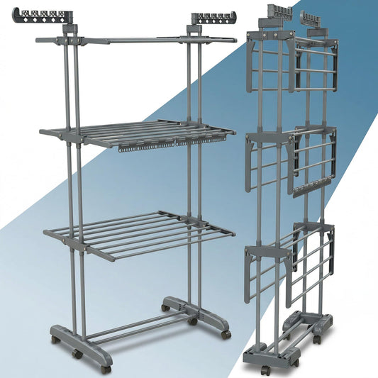 Veļas žāvētājs tornis PORTENTUM salokāms, 4 līmeņi, 24 žāvēšanas stieņi, līdz 40 kg, ar 2 zeķu turētājiem, ritenīši ar bremzi