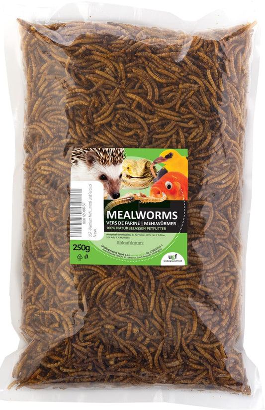 Žāvēti miltu tārpi UGF Premium 250g – olbaltumvielām bagāta uzkoda putniem, kāmjiem, ežiem, grauzējiem, ķirzakām un bruņurupučiem, bez konservantiem un krāsvielām
