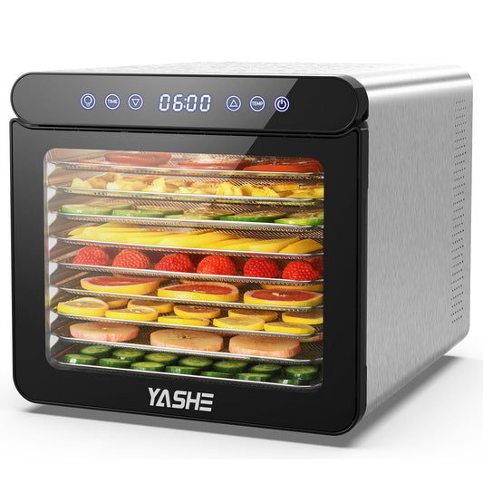 YASHE nerūsējošā tērauda žāvēšanas iekārta ar digitālo vadību (temperatūra līdz 75°C, taimeris līdz 48 stundām), 9 plaukti žāvēšanai augļiem un dārzeņiem, aizmugurējais ventilators 360° gaisa cirkulācijai, 800W