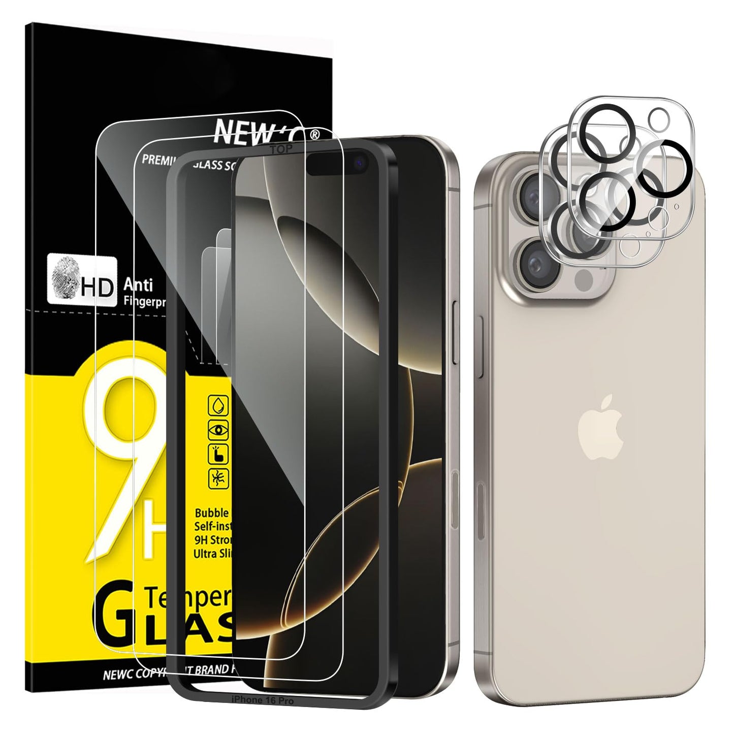 NEW'C aizsargstikls iPhone 16 Pro ar kameras aizsardzību un uzstādīšanas palīglīdzekli
